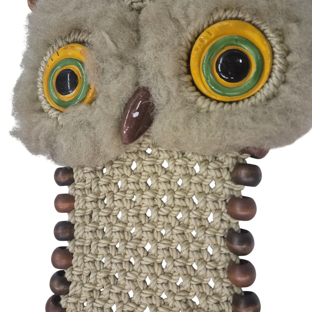 Vintage Macrame Owl Wall Hanging Boho Wood Bead Tassel Decor Beige 17‎ Inch